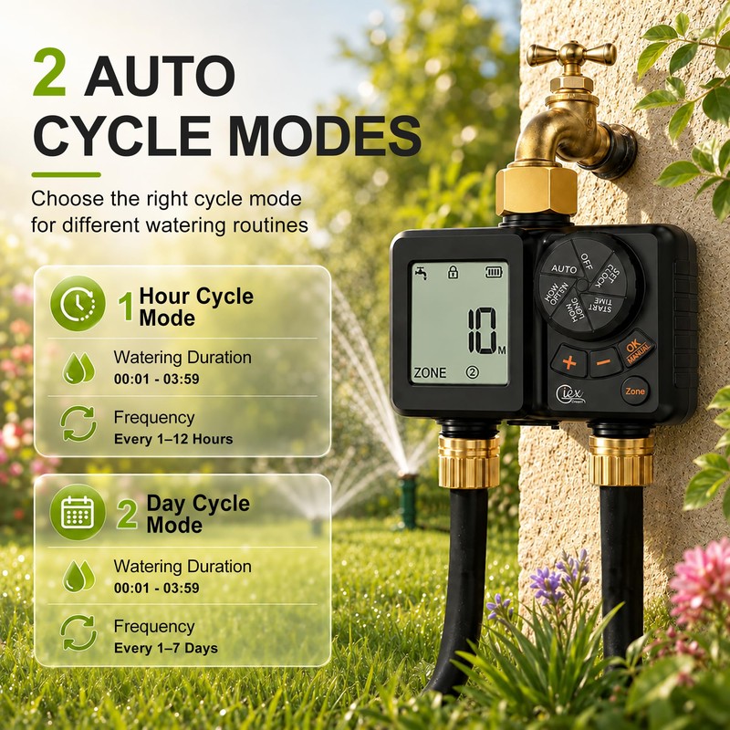 GIEX Rechargeable Sprinkler Timer 2 Zone, Programmable Water Hose Timer