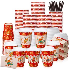 Uiifan Gingerbread Man Party Disposable Coffee Cups with Lids, Sleeves and Stirrers 50 Pack 12 oz Christmas Hot Cocoa Cups Cooking Gingerbread Man Baby Shower Decoration for Christmas Party