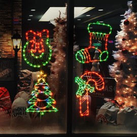 LAMPHOME Christmas Window Silhouette Lights, 4 Pack Lighted 16'' Wire Window Decoration LED Lights Set, Extra Length 6.6FT Wire, UL Listed, Candy Cane, Wreath, Stocking, Christmas Tree