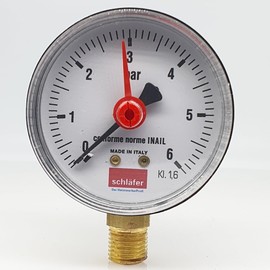 Schläfer 0930164 | Pressure Gauge for Closed Heating Systems, Display Range: 0-6 Bar, Connection from Below, Type 1/4 Inch, Pressure Gauge 4 Bar Diameter 63 mm for Pressure Reducer, Accuracy Class: