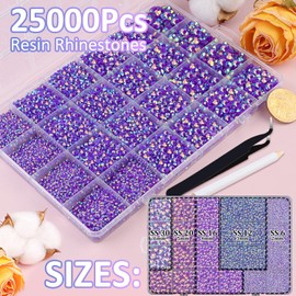 25000Pcs Resin Jelly Rhinestones for Crafting, Dark Purple AB 2-6mm Mixed Sizes Non Hotfix Flatback Gems, Bedazzling Crystal for DIY Crafts Clothing Tumblers Mugs Shoes Fabric Nail Art