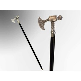PIRU Walking Cane for Men Solid Pewter Bavarian Axe Handle Chrome Hardwood Cane Walking Stick Warrior Gift