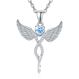 TANGPOET Sterling Silver Guardian Angel Necklaces for Women Angel Wings Pendant March Aquamarine Birthstone Jewelry Birthday Gifts for Her with 18"+2" Chain