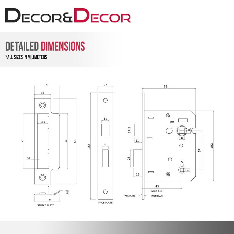Decoranddecor Bathroom Mortice Lock - 2.5inch / 64mm - Matt