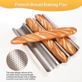 Barlket 2-Pack Baguette Bread Pan, 3-Slot Nonstick French Bread Baking Tray, Heavy-Duty Loaf Tin with Rounded Corners, Oven Safe, Gold