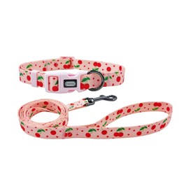 Olahibi Dog Collar and Leash Combo Set, Cherry Fruit Pattern, Polyester Material, 150CM Matching Leash, for Small Dogs.(S, Cherry)