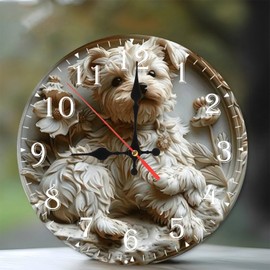 Lancholy 10-Inch Silent Wooden Wall Clock, Floral Clock Dog Sculpture Design ” Silent Non-Ticking Clock, Battery Operated (AA Batteries Not Included), Artistic Home Decor