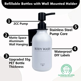 Dispensador de champú para pared de ducha, dispensador de champú y acondicionador con 16 etiquetas impermeables, dispensador de jabón de ducha sin taladros, para baño, dispensador de jabón de ducha montado en la pared, 17 onzas, paquete de 3, color negro