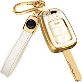 Lucrum Compatible with Honda Key Fob Cover & Leather Keychain - TPU Keyfob Case for Accord Civic CR-V SE LX HR-V (2014-2022) - White and Gold