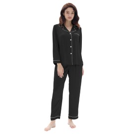 Joyaria Pajama Sets for Women 2 Piece Satin Silk Sleepwear Long Sleeve Button Down Lounge Set with Chest Pocket(Black,L)