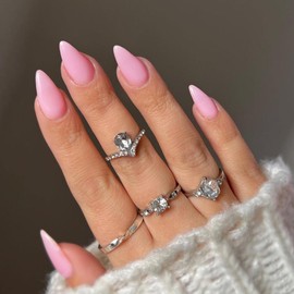 SXVME Baby Pink False Nails Medium, Acrylic Press on Nails Almond Solid Color Full Cover Fake Nails Medium Stiletto Stick on Nails for Women DIY Nail Art 24 Pcs