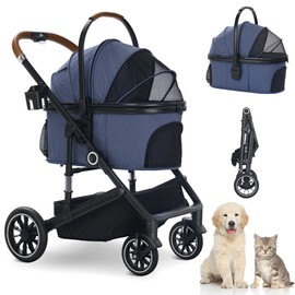 TODEFULL Pet Stroller with 4 Wheels, 3 in 1 Folding Puppy Strollers for Small/Medium Dogs Cats up to 50lbs, Lightweight Pet Travel Carrier with Detachable Cushion, Storage Basket and Cup Holder, Blue