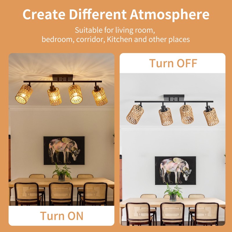 4 Light E26 Track Lighting Fixtures Ceiling Rattan Farmhouse Boho