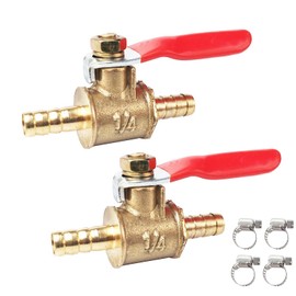 LOZOME 2 PCS 1/4" Hose ID x 1/4 INCH Hose Barb Mini Ball Valve Brass Shut Off Switch, Pipe Tubing Fitting Coupler, 180 Degree Operation Handle with 4 Hose Clamps