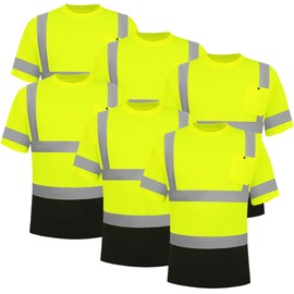 WPLM 6pack High Visibility Reflective Safety Short Sleeve Work Shirts for Men Class 3 Construction with Pocket Yellow 2XL