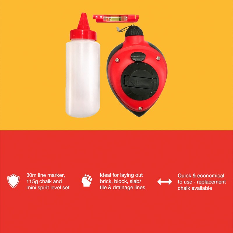 Amtech G3760 30m (100ft) Line Marker, Chalk and Mini Spirit