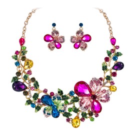 BiBeary Jewellery Set Bridal Women's Rose Flower Wedding Crystal Statement Necklace Pendant Earrings Set Party Prom, Crystal, Rhinestone