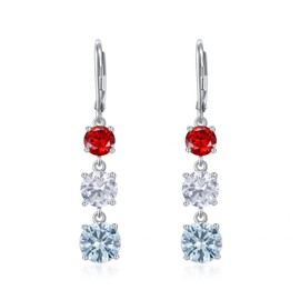 925 Sterling Silver Colored Crystal Dangle Earrings for Women Three Stone Leverback Drop Dangle Gems Birthstone Earrings White Gold Plated for Women, Sterling Silver, crystal