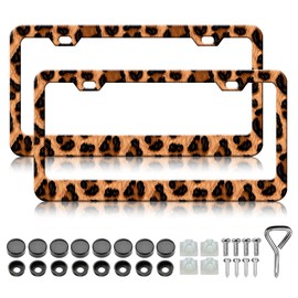 Brown Leopard Print License Plate Frames - 2 Pack Cheetah Print License Plate Holder, Aluminum Metal Rust-Proof Waterproof Car Decorative Tag Frame for Standard US Canada 12x6 Inch