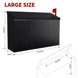 Wall-Mount Mailbox with Flag Metal Mail Box for Outside Large Capacity Rust-Proof Post Box for House Use, 14.2” x 4” x 9.5”, Black