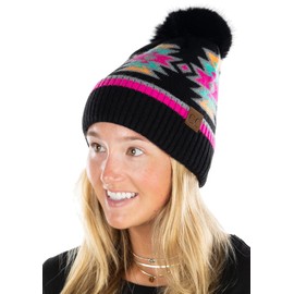 Funky Junque Women's Toboggan Beanie Winter Hat, Cute Knitted with Faux Fur Pom Pom, One Size, Black Multi Southwest Pattern