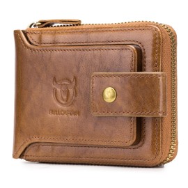 LUKZIJAES Genuine Leather Wallet for Men RFID Blocking Large Capacity Card Case with Zipper ID Window Coin Pocket (#2-Yellow Brown)