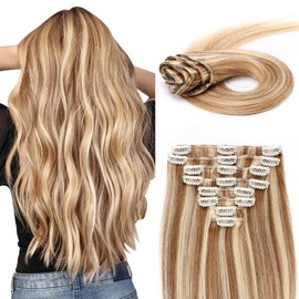 MY-LADY Clip In Hair Extensions 100% Real Human Remy Hair Soft Natural Extension Full Head 8pcs 22 Inch #12/613 Light Brown with Bleach Blonde 110g