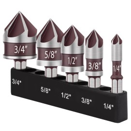 Unbranded Multi-Size 5-Flute Countersink Bits, M35 Cobalt HSS 82° Hex Shank 5pc Set