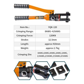 AMZCNC Hydraulic Crimping Tool - 12T Crimping Force, 9 Pairs of Standard US cable Dies (8AWG-4/0AWG) - Professional Grade Battery Cable Crimper for Secure Connections, Electrical Projects, and More