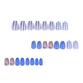 24Pcs Blue Press on Nails Short Almond Fake Nails with Designs Reusable Summer Flower Acrylic Nails Cute Bee Glue on Nails Blue And White Plaid False Nails Solid Color Stick on Nails for Women
