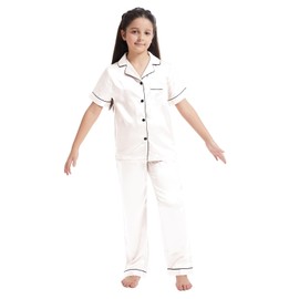 Alunsito Kid Girls Boys Silk Satin Pajamas Set Long Sleeve Sleepwear Button-Down Pjs Set 2 Pcs Fall Winter Nightwear Sets 160 White 13-14 Years