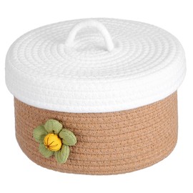 Sosoport Lidded Woven Cotton Rope Storage Basket Round Sundries Basket for Magazines Home Organization Decorative and Design for Living Room Bedroom Dining Room