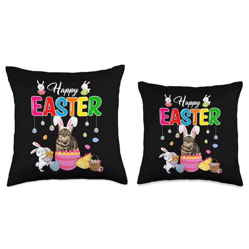 Happy Easter Bunny Cats Inside Chocolate Egg Basket Throw Pillow