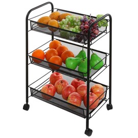 Home Furnishing Plaza Exquisite Honeycomb Net Three Tiers Storage Cart with Hook Black Utility Storage Organizer Shelf Rack for Kitchen Living Room Bathroom MITPATY