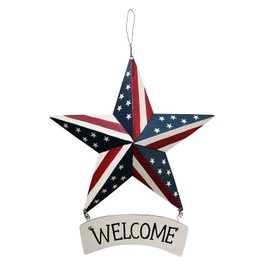 Metal Star Hanging Welcome Sign Patriotic American Wall Decor, US Flag Star Barn Wall Art Sign for Memorial Day 4th of July Veterans Day 2024 Election Day Labor Day Decor