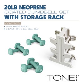 Tone Fitness 20 LB Neoprene Dumbbell Set with Storage Rack – Non-Slip, Anti-Roll Hand Weights for Home Gym Workouts - Teal