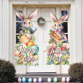 2 Pcs Large Easter Bunny Hanging Sign 27.56 x 11.81 Inches Bunny Wooden Front Door Decorations Rabbit Hanging Hanger Easter Rabbit Porch Sign for Home Indoor Outdoor Wall Spring Decoration(Cute)