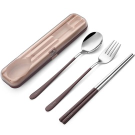 DEVICO Portable Utensils, Travel Reusable Silverware Flatware Set for Lunch, 18/8 Stainless Steel 4-Piece Camping Cutlery Include Fork Spoon Chopsticks with Case (Brown)