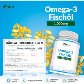 Omega 3 Fish Oil 1000mg - 365 Softgel Capsules - Up to 12 months supply - Pure Fish Oil with Balanced EPA & DHA - Harmless Omega 3 - Made in the UK by Nu U Nutrition