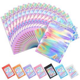 Funfery 100 pcs Mylar Holographic Bags Packaging Bags,Clear Resealable Bag Foil Pouch Bag for Food Storage and Lipgloss,Jewelry,Eyelash Packaging for Small Business(6.3x9.4Inch)