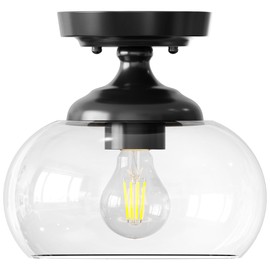 VONLUCE Industrial Semi Flush Mount Ceiling Light, 8.3" Ceiling Light Fixture with Clear Glass Shade, Farmhouse Lighting for Hallway Kitchen Bedroom Entryway, Matte Black Flush Mount Light Fixture