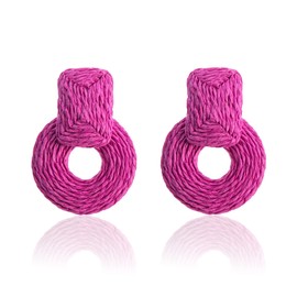 GUOXIAOMEI Rainbow Statement Raffia Round Earrings Boho Drop Handmade Straw Earrings Geometric Dangle Earrings for Women (Rose Red)