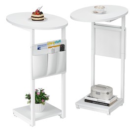 Vagusicc C Shaped End Table, Side Table for Couch, Small Couch Side Table for Small Spaces, Slide Under Sofa Tray Desk with Storage Bag, Round Side Tables for Living Room and Bedroom, White