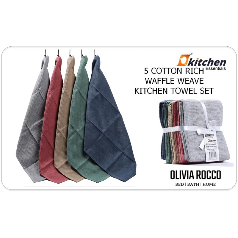 Olivia Rocco Tea Towel Pack of 5 Waffle Kitchen Tea