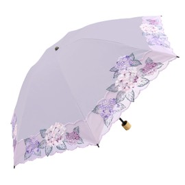 Chinoiserie Modern Folding Parasol, Women's, Grade 1 Light Blocking, UV Protection, Rain or Shine, Cutwork Embroidery, Organza, 3 Tier Folding, Lightweight, Hydrangea Embroidery, lavender