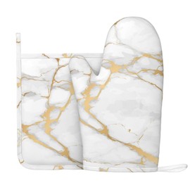 Oven Mitts and Pot Holders White Gold Marble Abstract Silicone Kitchen Accessories Set of 2 Heat Resistant Long Gloves Potholder Non-Slip Grip for Chef Cooking,Baking,Grilling,BBQ