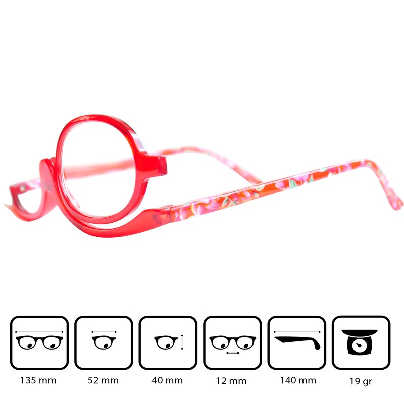 Mini Brille Make-Up Glasses with Flip Lens (Red), Fashionable Magnifying