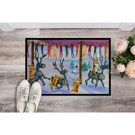 Caroline's Treasures 7443MAT Corgi Log Reindeer Race Christmas Doormat 18x27 Front Door Mat Indoor Outdoor Rugs for Entryway, Non Slip Washable Low Pile, 18H X 27W