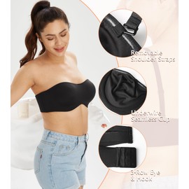 Lemorosy Minimizer Strapless Large Bust Full Support Seamless Convertible Underwire Bandeau Bra for Women (44DDD, Black)