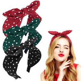 Pack of 3 Wide Headband Women with Polka Dots - French Headband Rabbit Ears Hair Bands Fabric Non-Slip Headgear Elastic Twist Headband Accessories for Women Girls (Red Black Green)